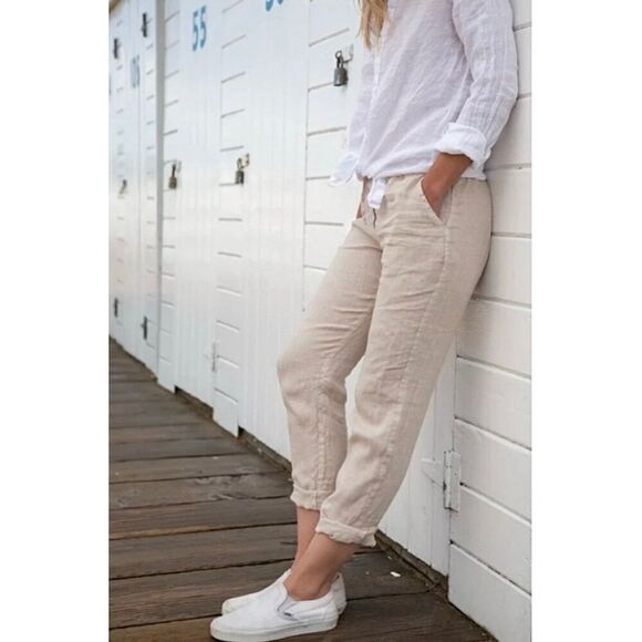 CP Shades Hampton Linen Pant Linen Small Cream Tapered Legs Pockets - Picture 1 of 7
